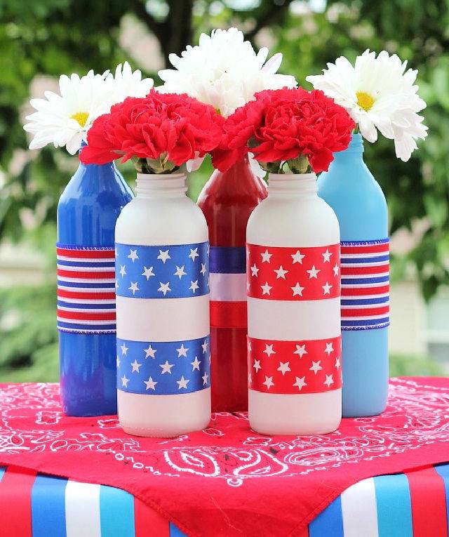 4th of July Painted Glass Bottles Centerpiece