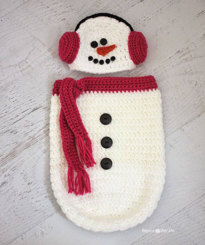 Crochet Snowman Ear Muff Hat and Baby Cocoon Pattern