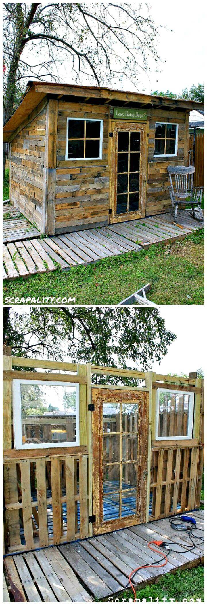 DIY Pallet Shed Using Pallets, Old Windows & Tin Cans