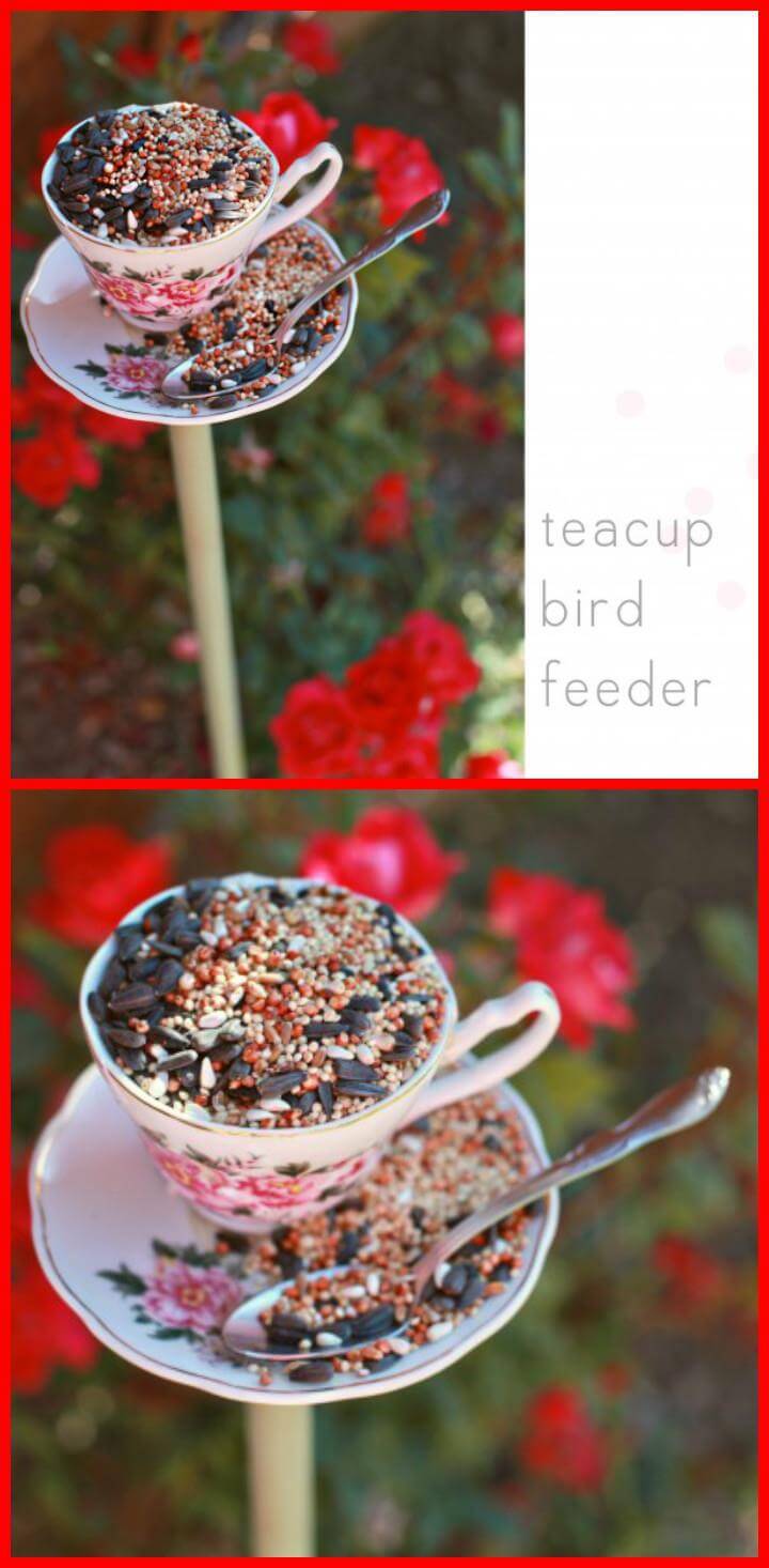repurposed tea cup bird feeder