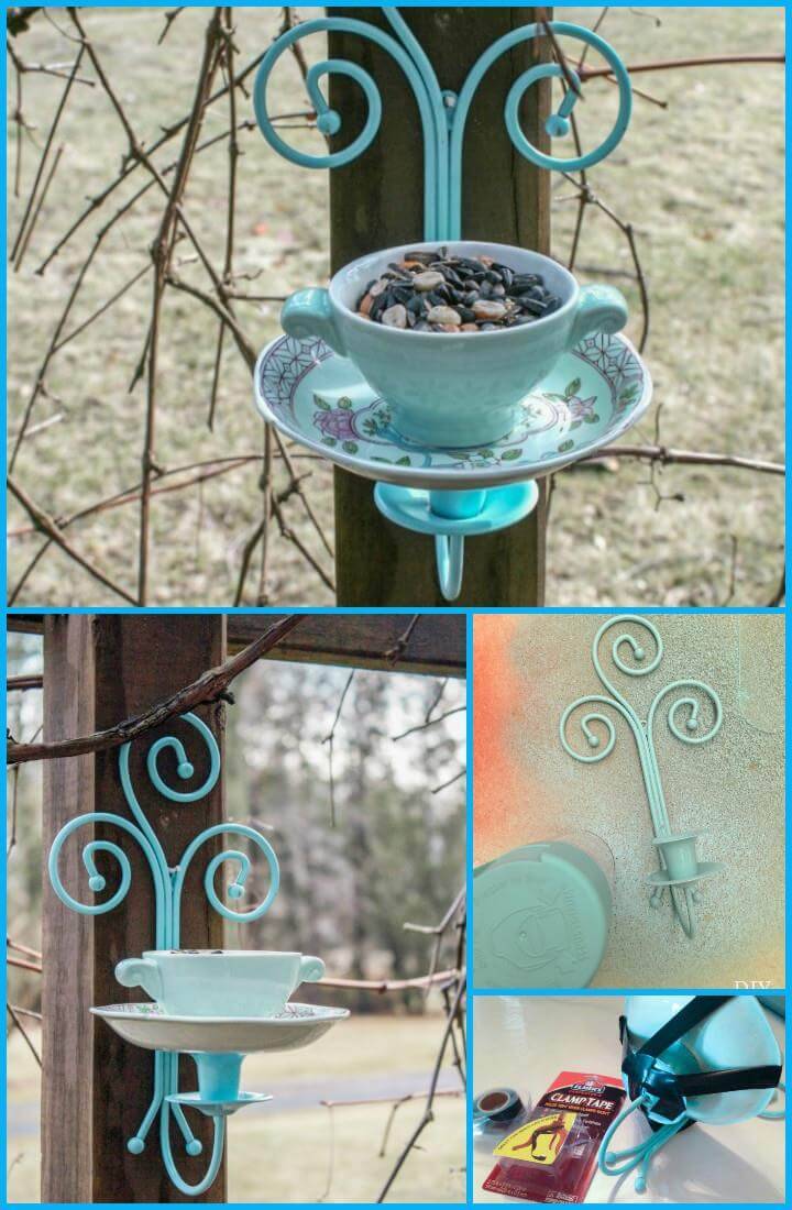 DIY candle stick and tea cup bird feeder