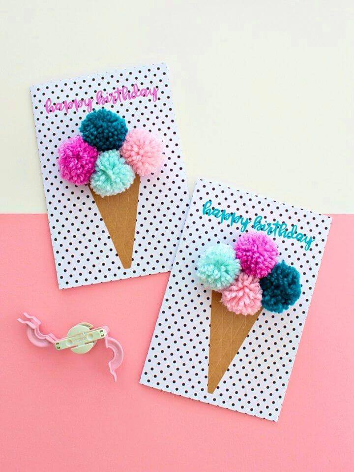 How to Make Pom Birthday Cards, Handmade birthday cards for kids, ice cream birthday cards